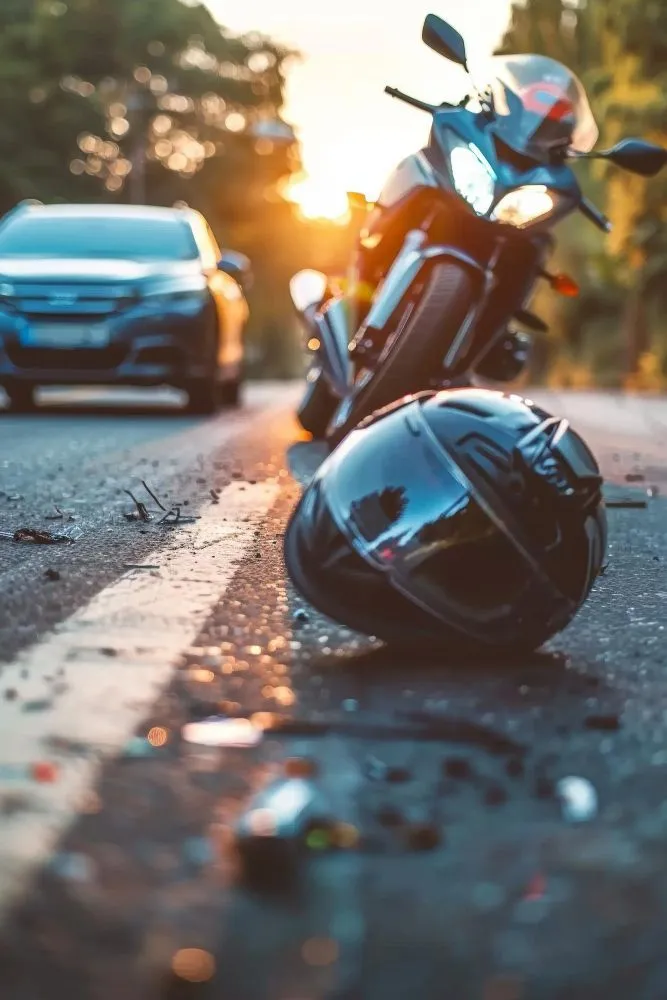 Motorcycle accident: Helmet on road, bike and car visible, debris scattered; sunset.