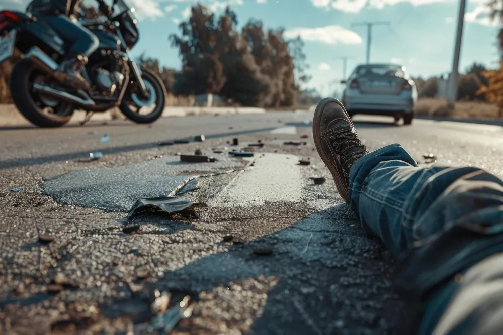 Motorcycle and car accident scene. A person lies on road, debris scattered.