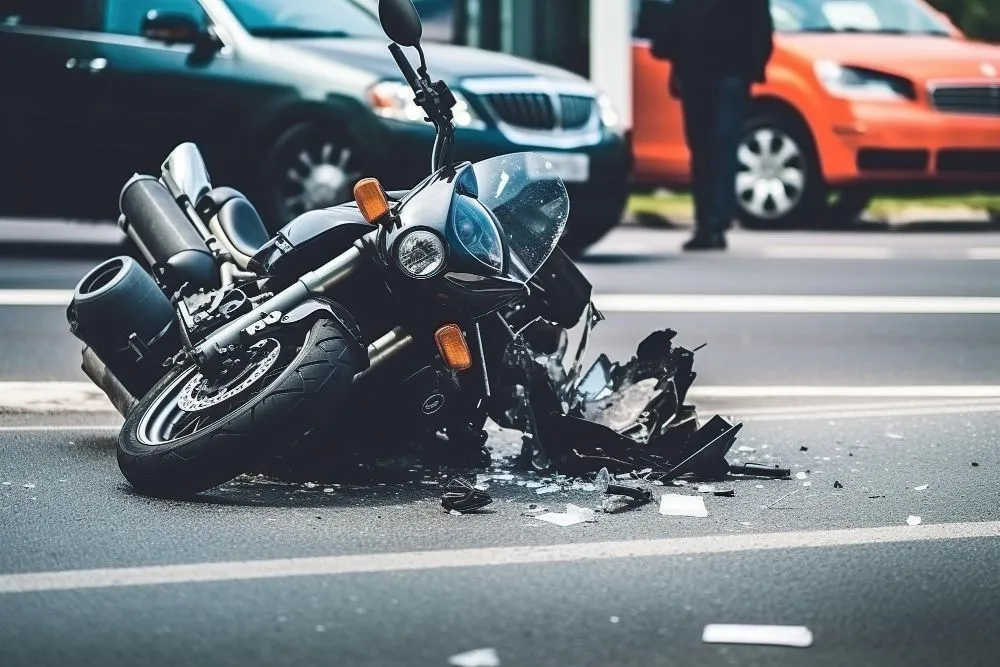 Motorcycle crashed on a street; cars in the background, a person standing nearby. Debris scattered.