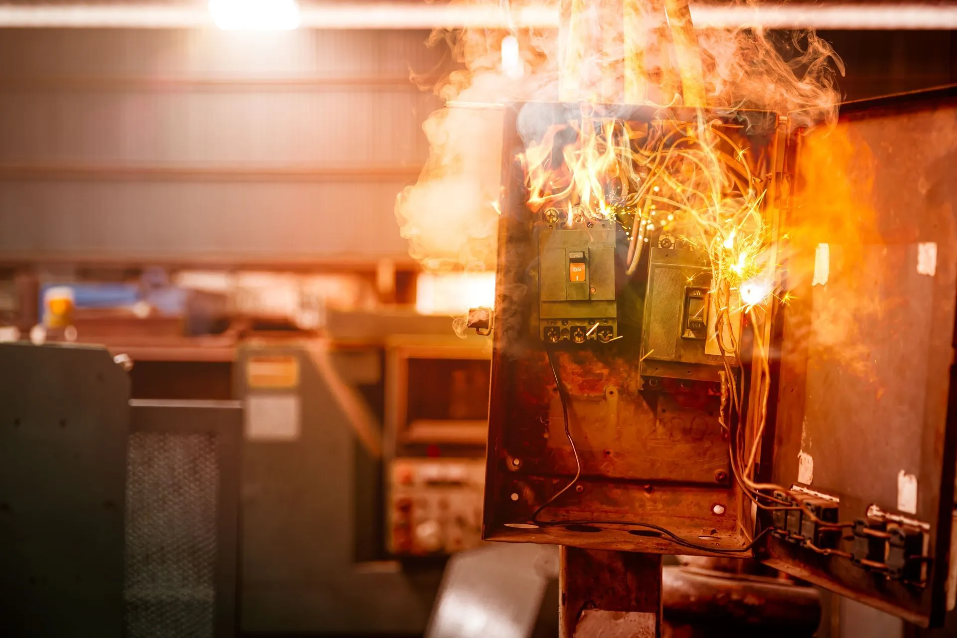 Electrical panel engulfed in flames, factory setting. Orange fire and smoke erupting.